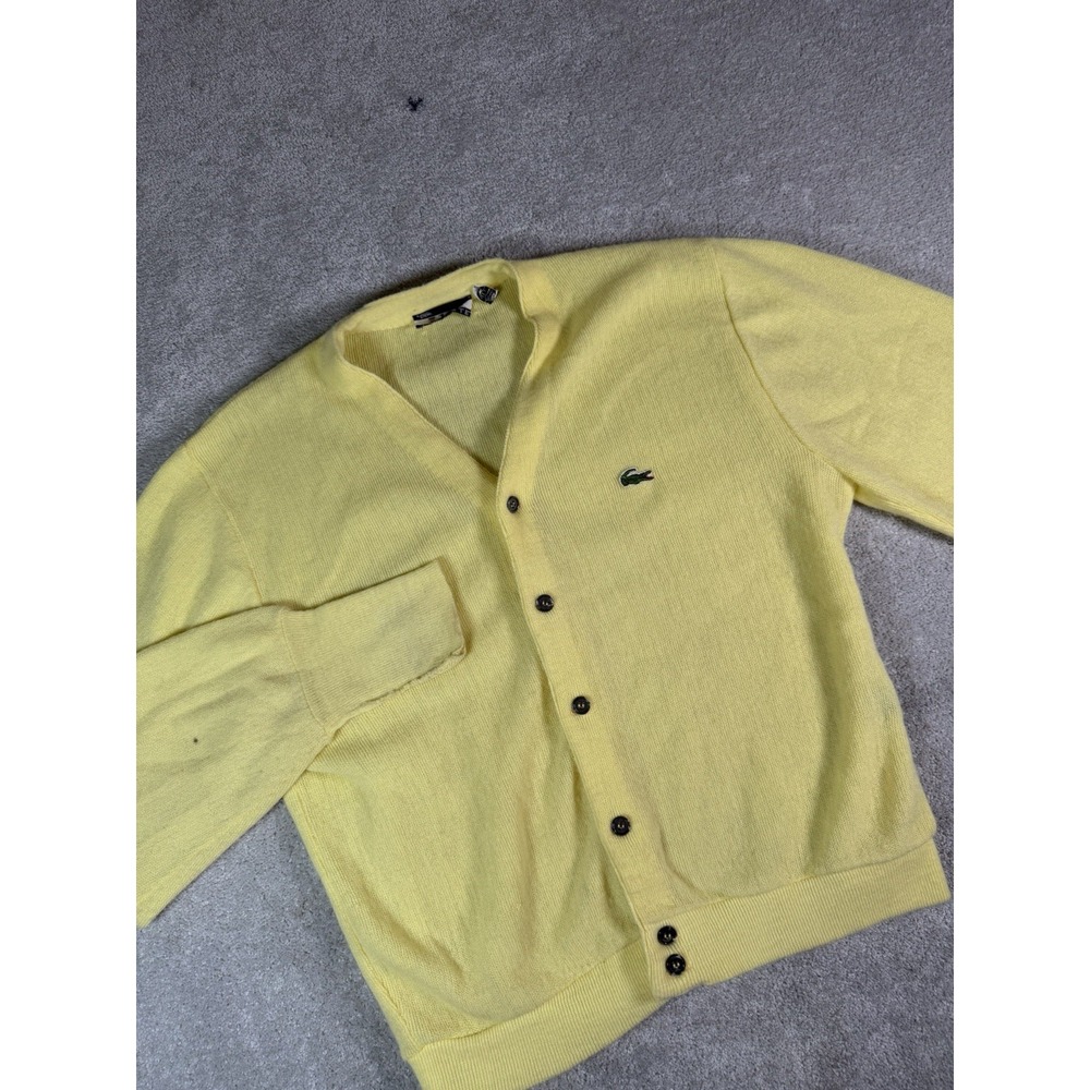 Vtg 80's Men's L IZOD LACOSTE 6-Button Cardigan Sweater MAIZE Lacoste Logo USA *